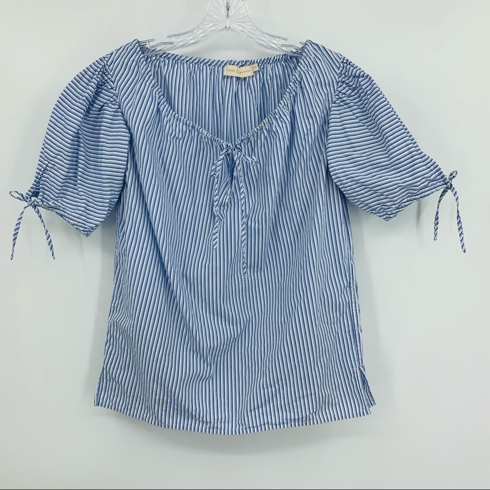 Tory Burch Ariana Striped Peasant Blouse Cotton Blue Size XS